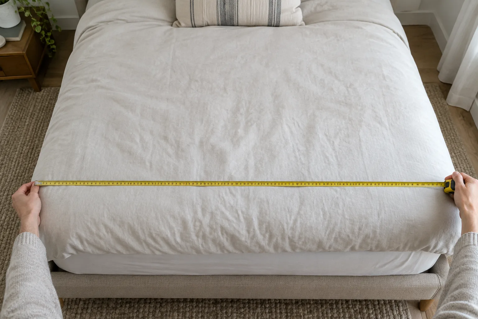Un mètre ruban posé en travers d’un lit pour mesurer sa largeur.