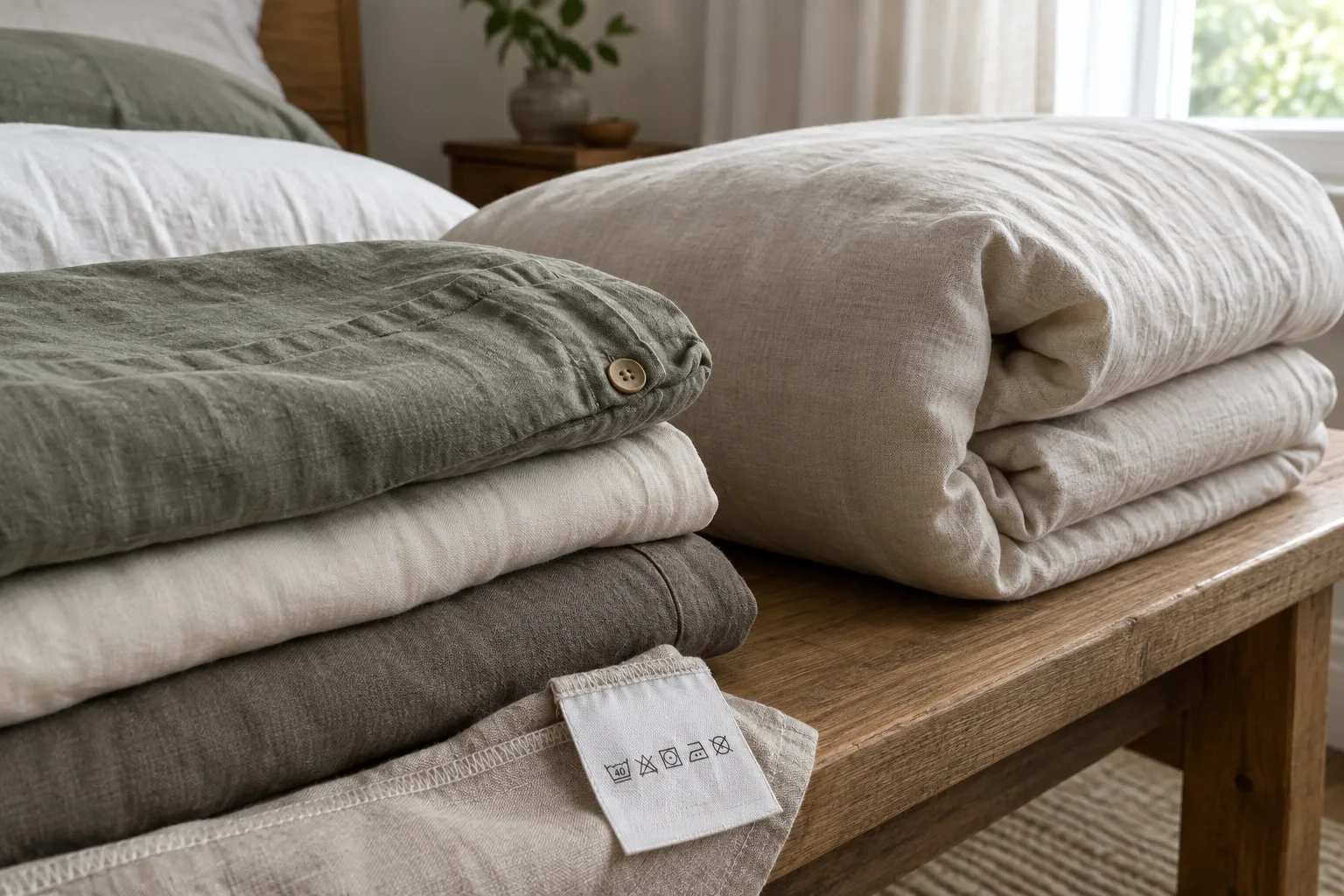 Des housses de couette pliées dans différentes textures, avec une étiquette d’entretien près du linge.