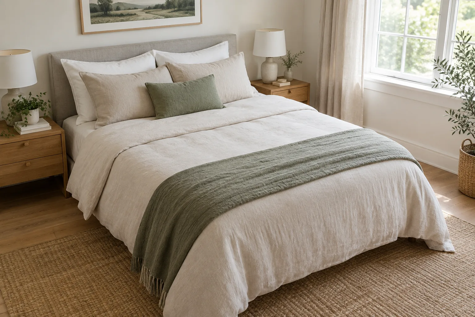 Un lit préparé avec une housse de couette neutre dont la retombée sur les côtés est visible.