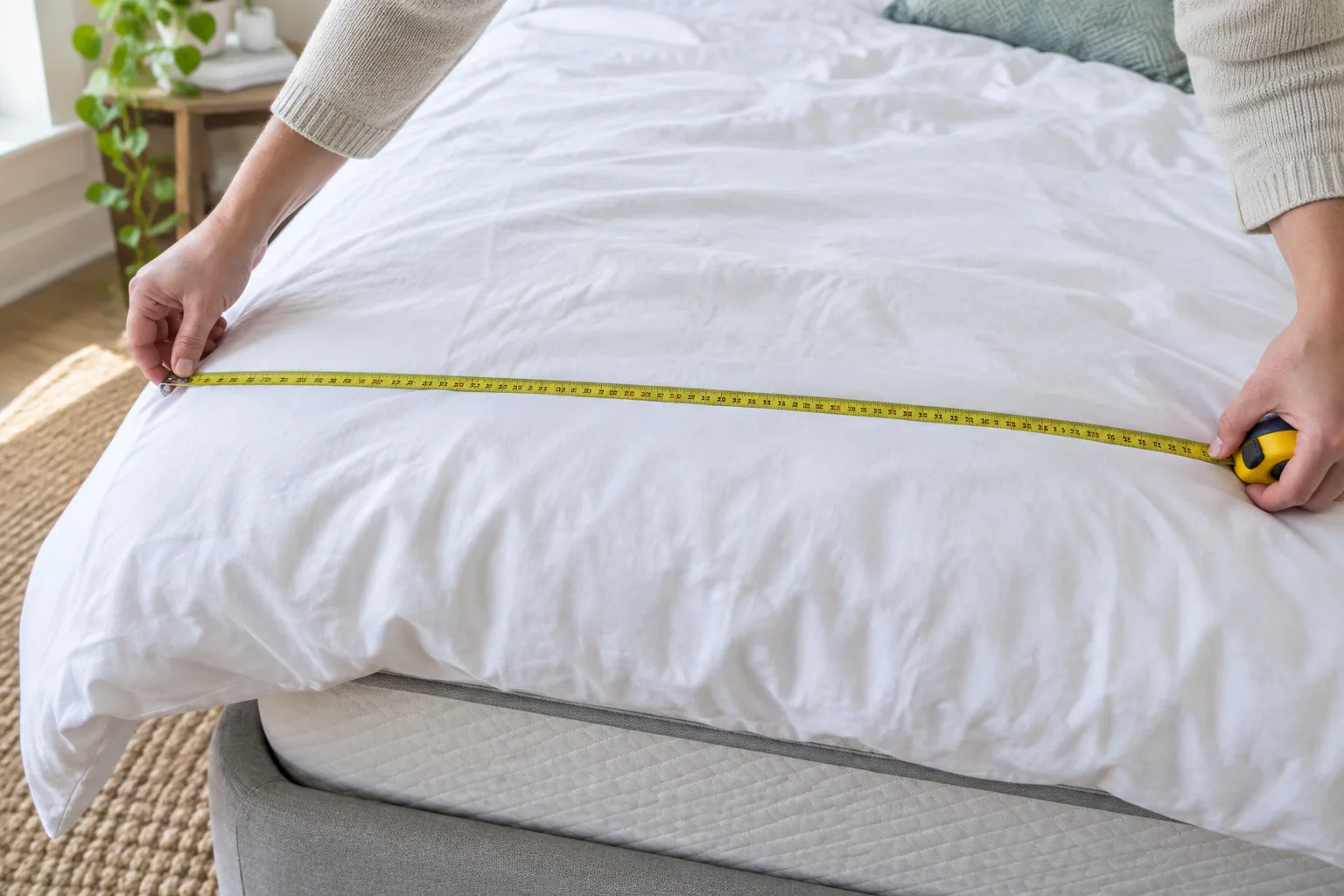 Un mètre ruban posé sur une couette à plat pour en relever la largeur.