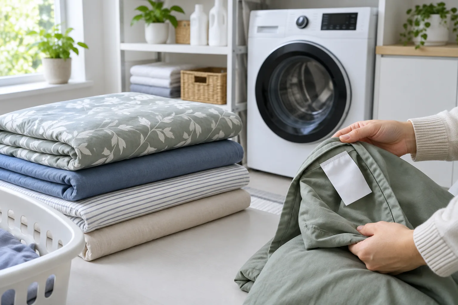 Des housses de couette pliées près d’un lave-linge, avec une étiquette d’entretien visible.