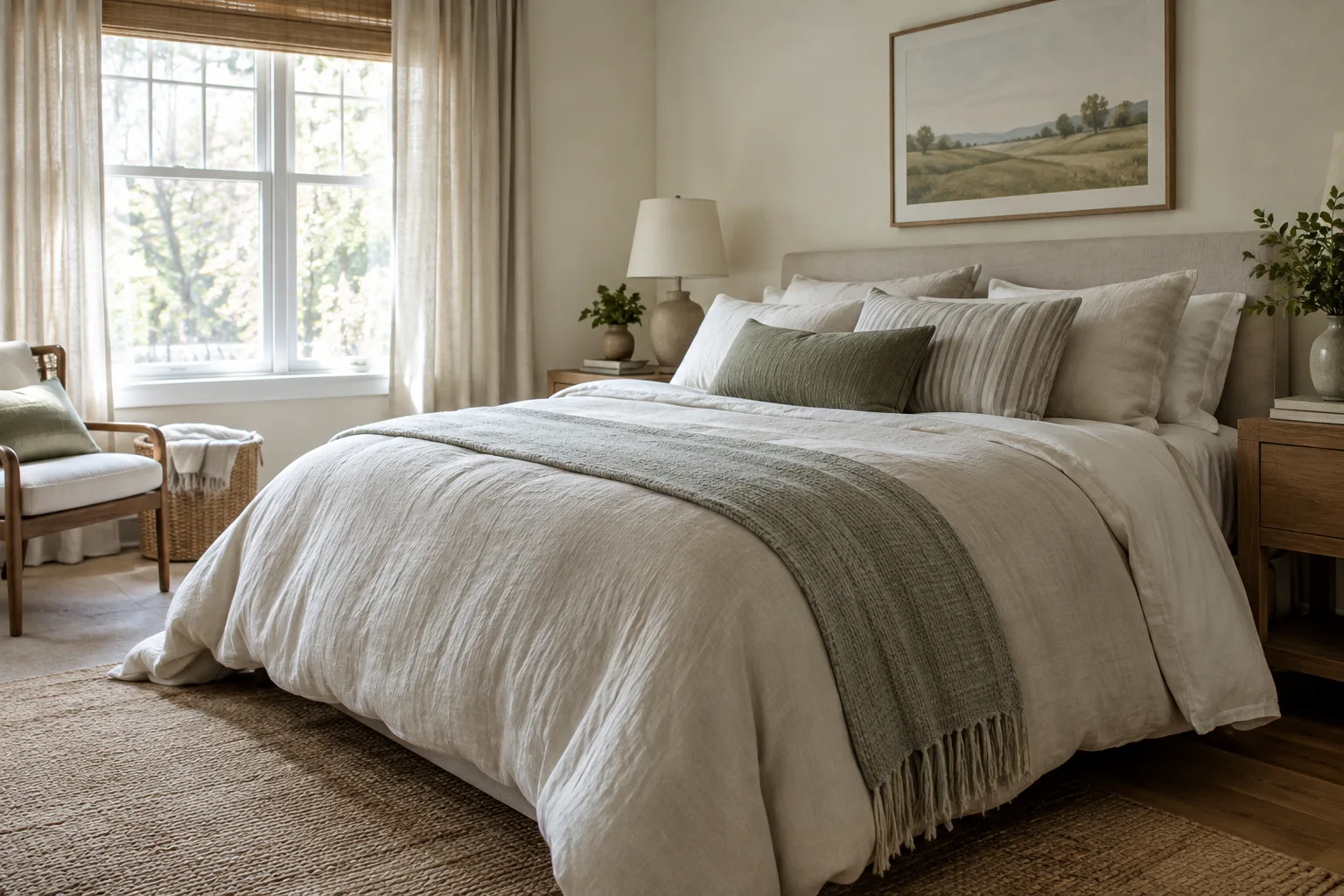 Un lit préparé avec une housse de couette claire dans une chambre lumineuse.