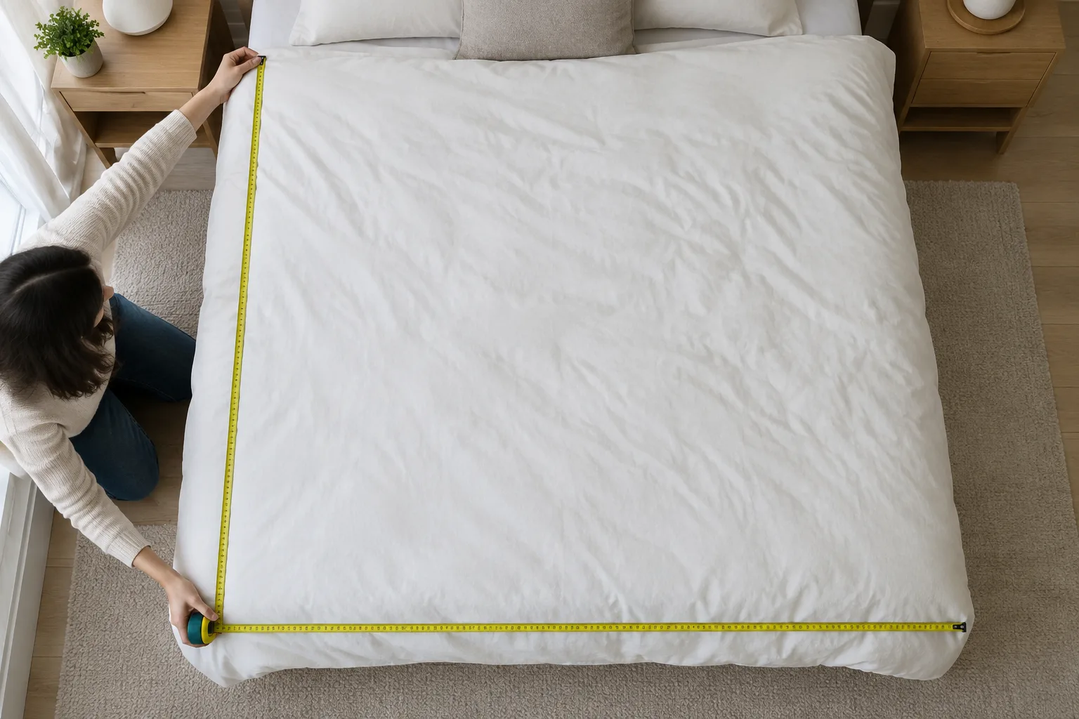 Une couette étendue sur un lit est mesurée à l’aide d’un mètre ruban.