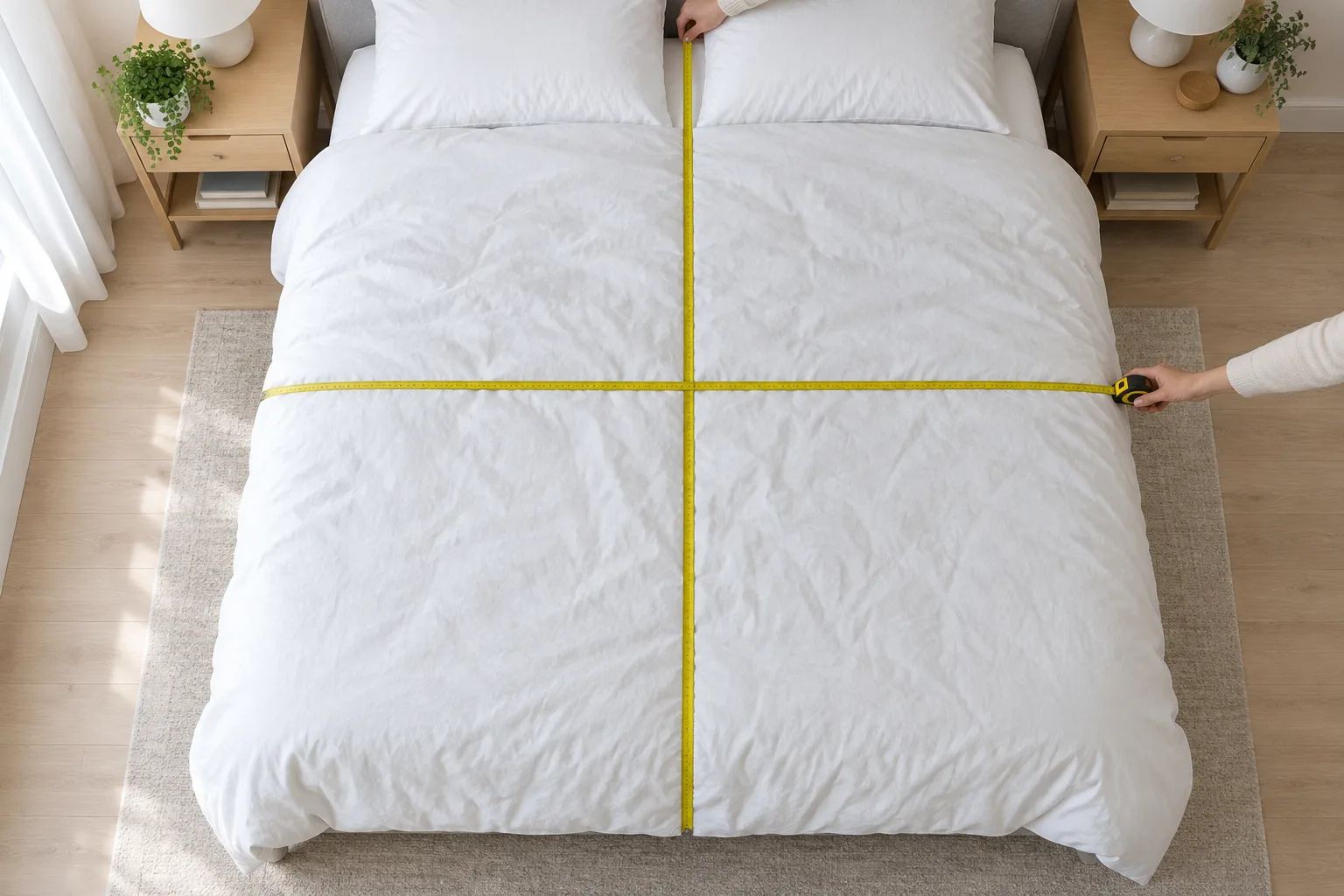 Une couette étendue sur un lit est mesurée à l’aide d’un mètre ruban.