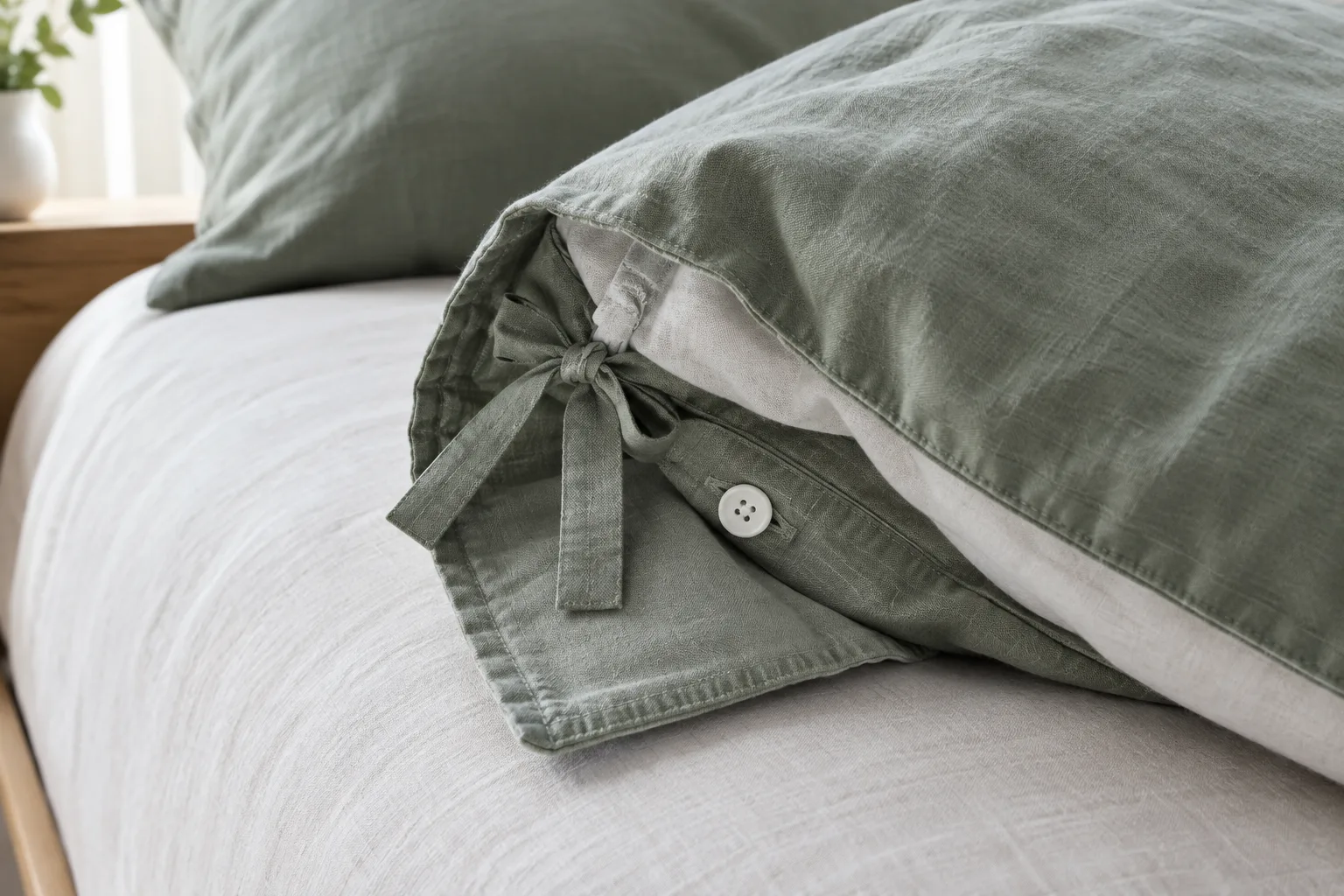 Gros plan sur une attache intérieure et une fermeture à boutons de housse de couette.