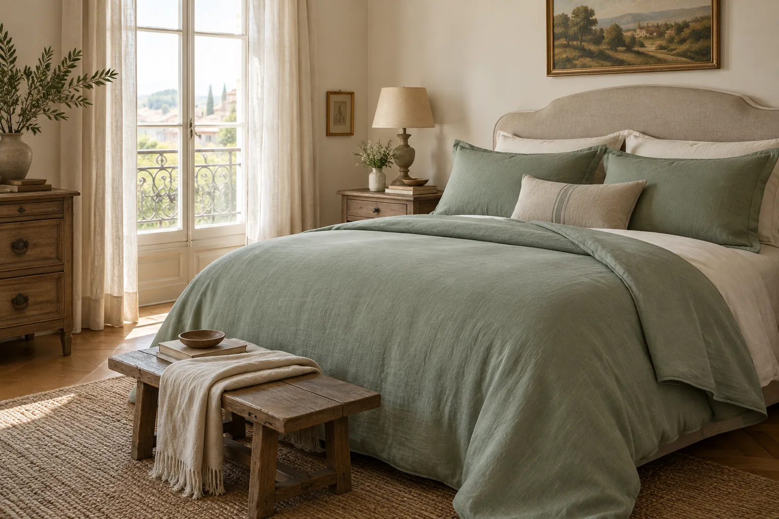 Lit préparé avec une housse de couette vert sauge dans une chambre lumineuse.