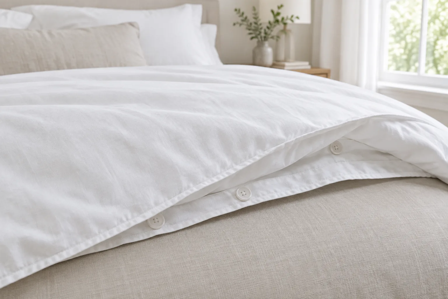 Gros plan sur l’ouverture boutonnée d’une housse de couette blanche repliée au pied du lit.