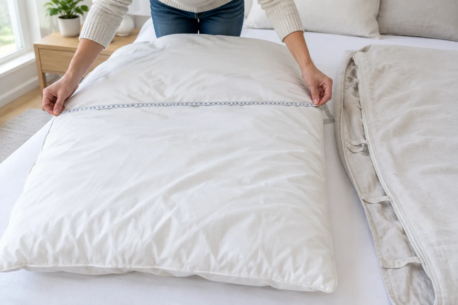 Une couette étendue à plat est mesurée en largeur à l’aide d’un mètre ruban.