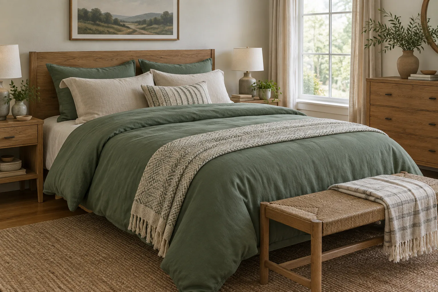 Une housse de couette vert doux associée à des oreillers neutres et à un plaid à motifs discrets.