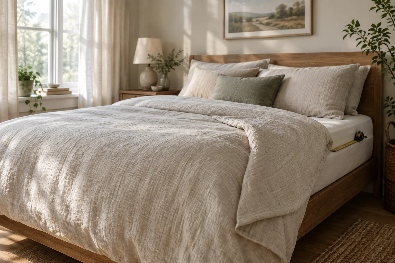 Un lit habillé d’une housse de couette neutre, avec un mètre ruban posé près du matelas.