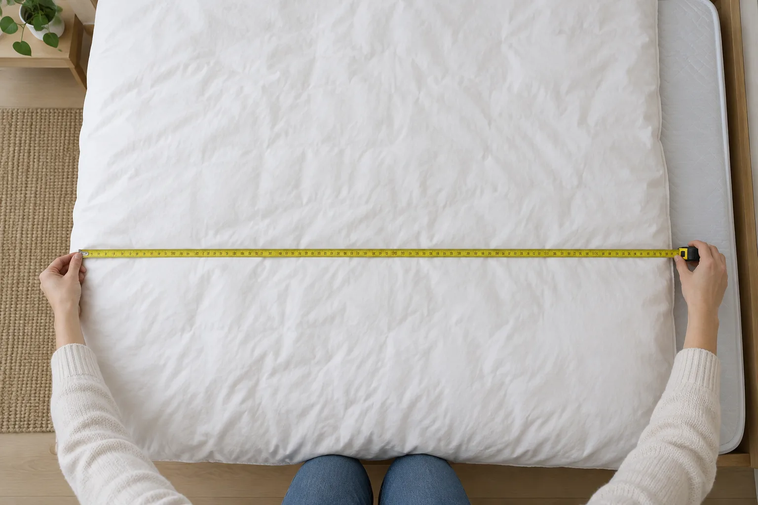 Un mètre ruban mesure la largeur d’une couette posée à plat sur un lit.