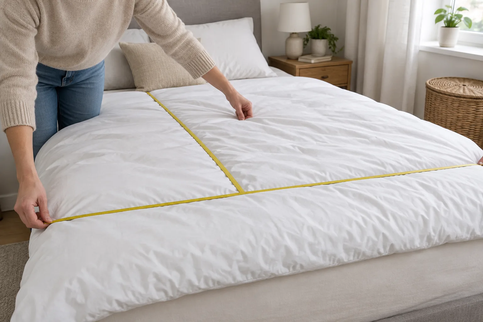 Une couette étendue sur un lit est mesurée à l’aide d’un mètre ruban.