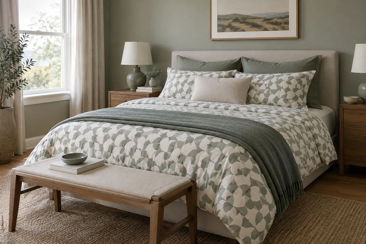 Un lit associe une housse à motif discret à des oreillers unis et à un plaid assorti.