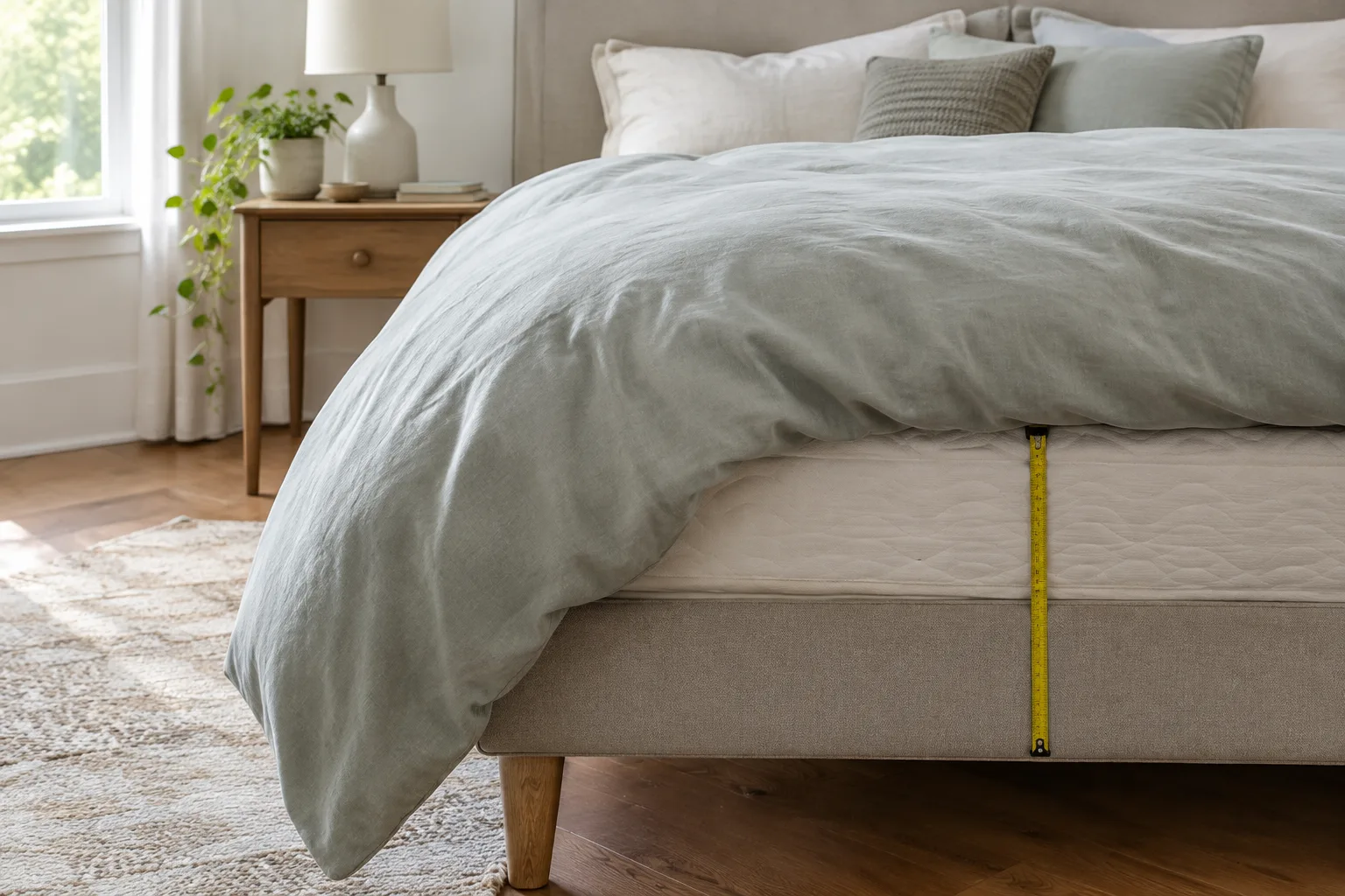Une couette posée sur un lit avec un mètre ruban près du bord pour montrer les proportions et les dimensions.
