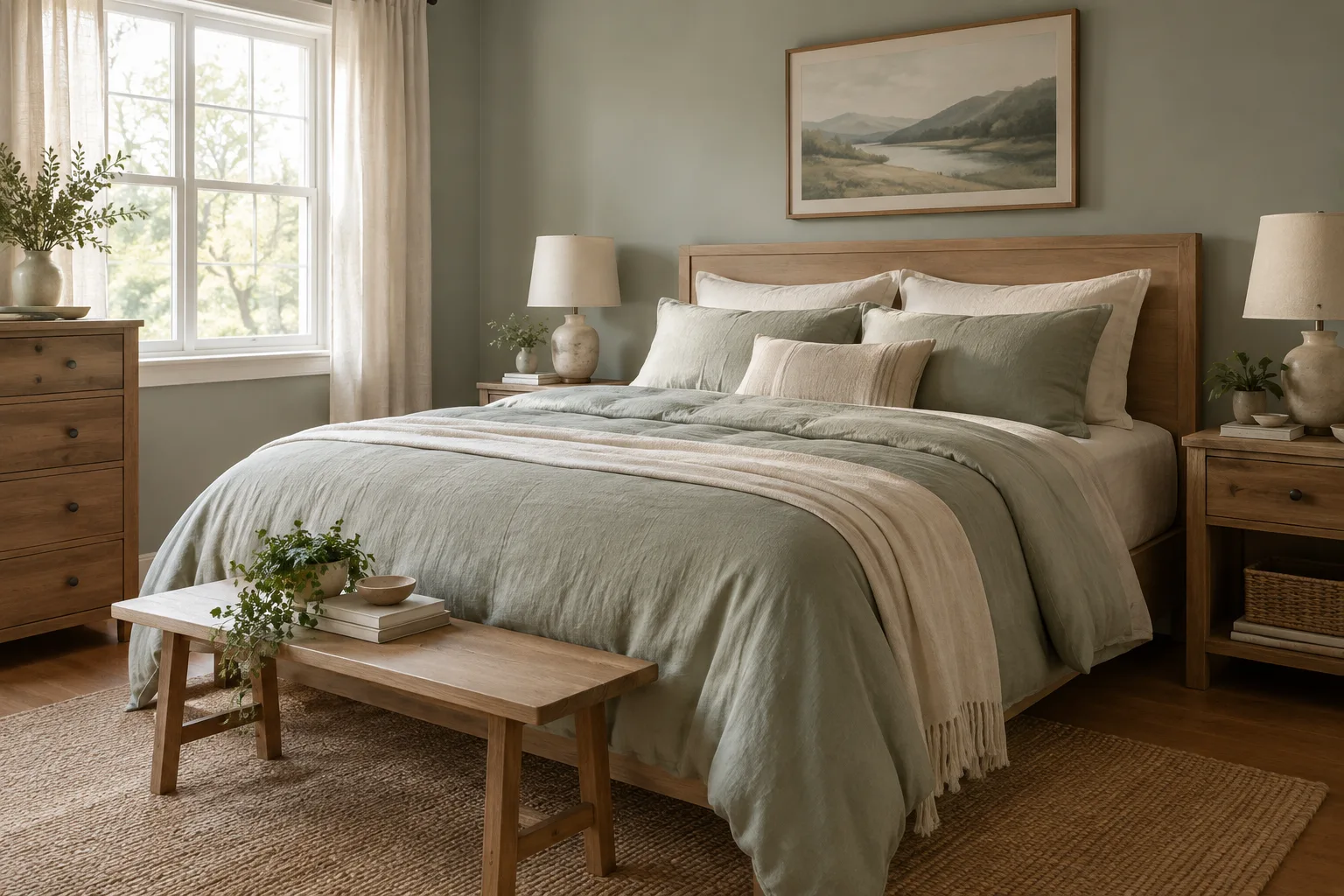 Un lit habillé d’une housse de couette aux tons doux, assortie aux couleurs de la chambre.