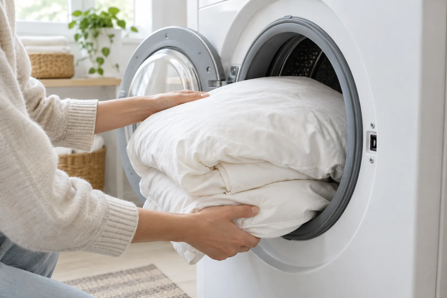 Une housse de couette en coton préparée pour un lavage en machine.