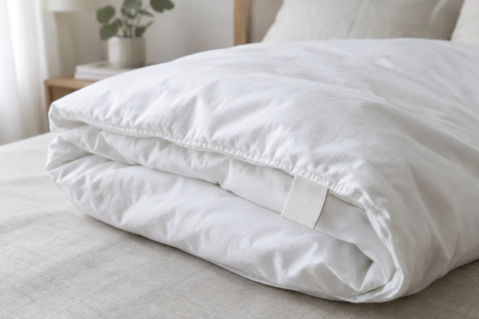 Étiquette vierge cousue au bord d’une housse de couette en coton pliée sur un lit.