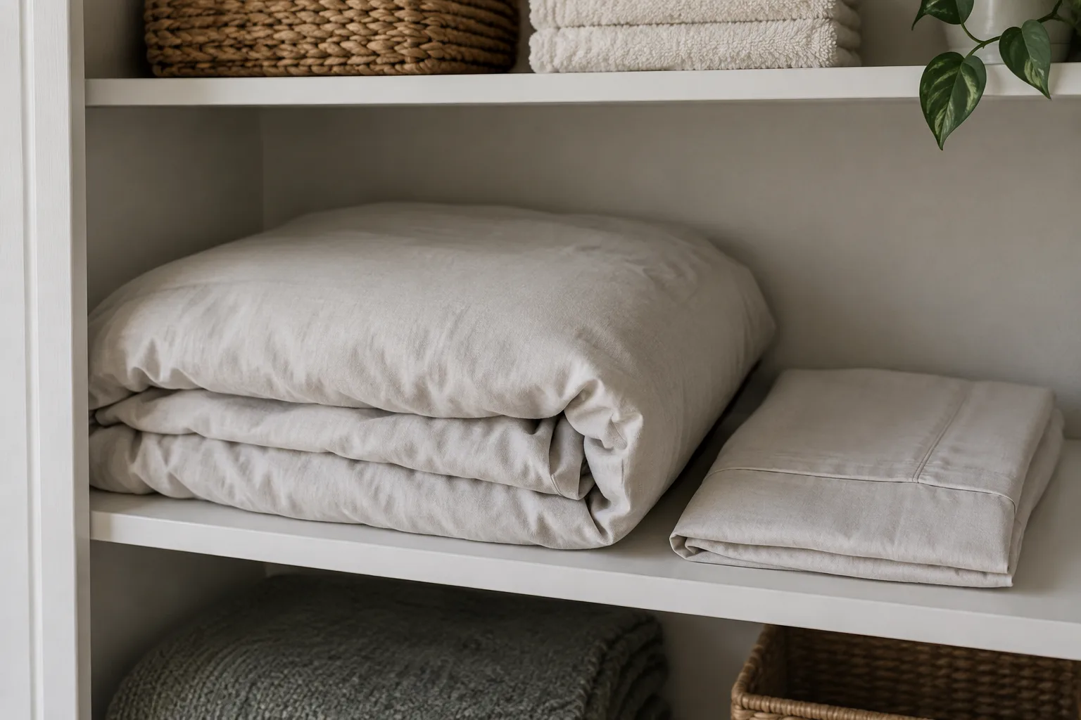 Une housse de couette pliée et rangée sur une étagère de linge de maison.