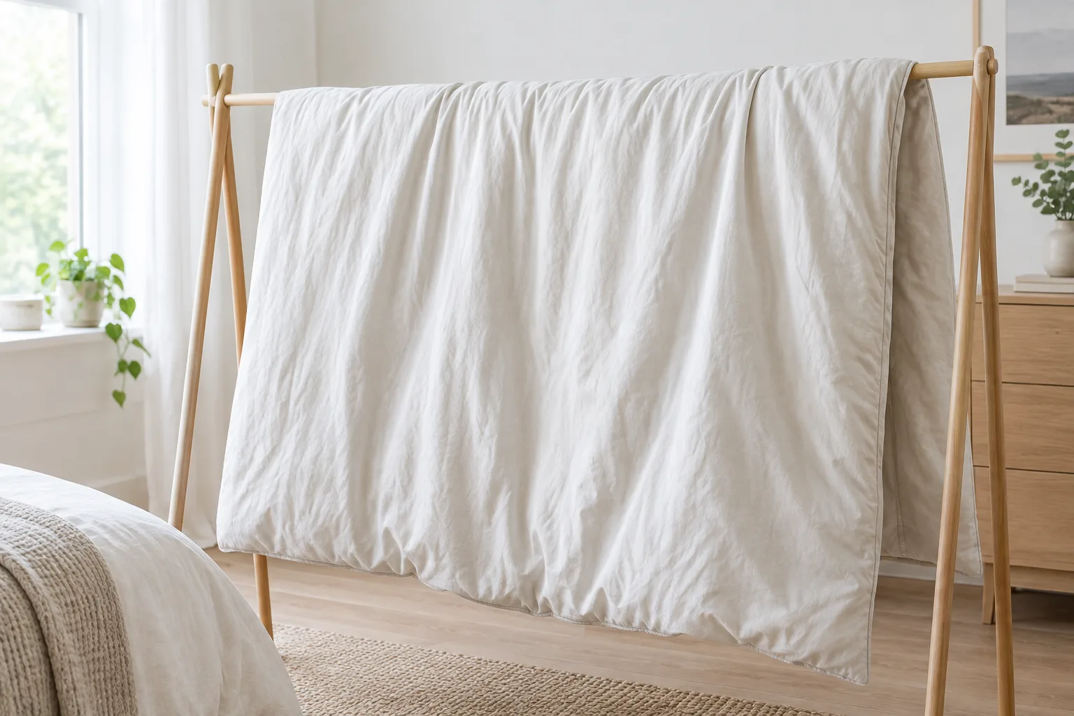 Une housse de couette dépliée sèche sur un étendoir dans une pièce lumineuse.