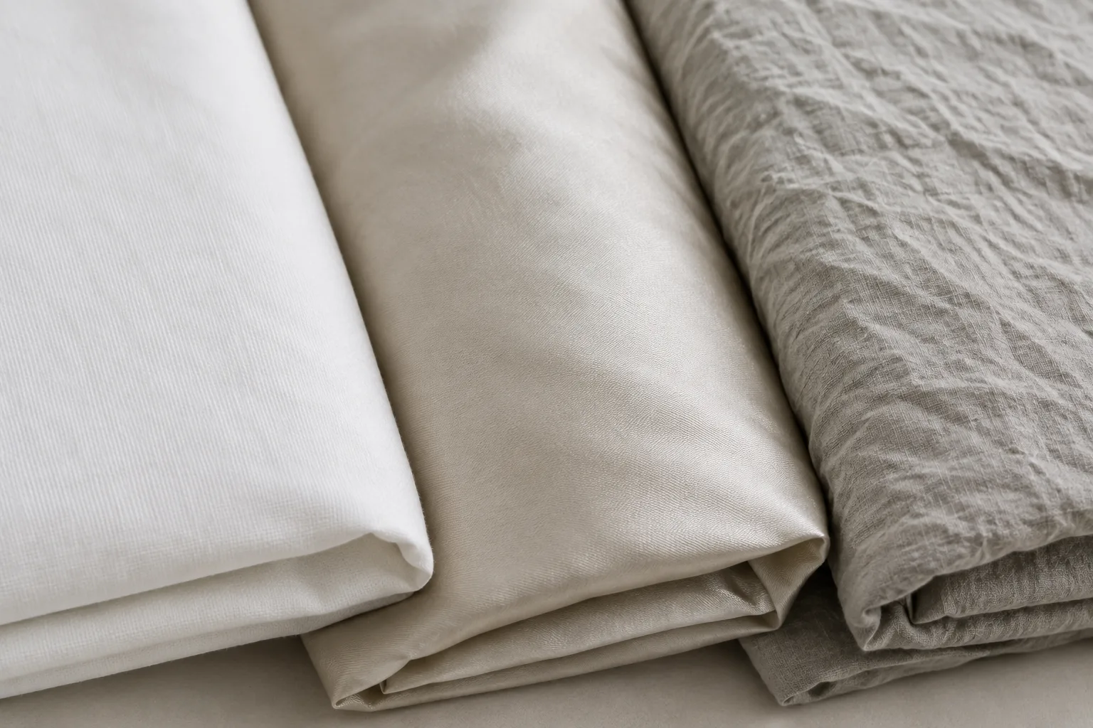 Trois échantillons de tissu illustrent les différences d’aspect entre percale, satin de coton et coton lavé.