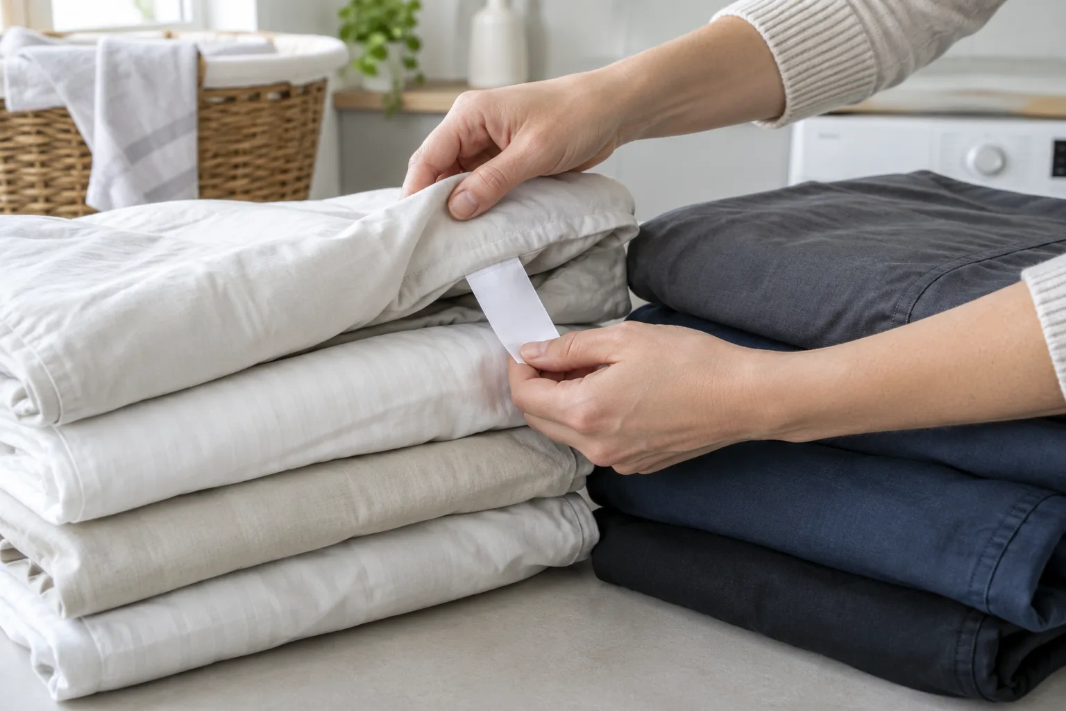 Des housses de couette pliées par couleur sont préparées pour un entretien adapté aux consignes de leur étiquette.