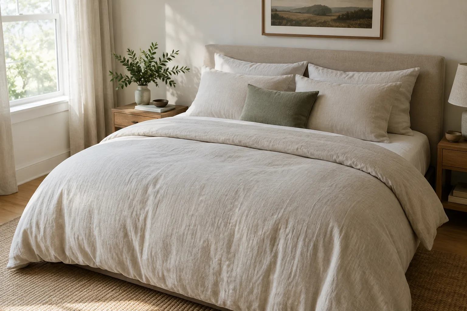 Lit habillé d’une housse de couette en tissu naturel aux plis souples, dans une chambre lumineuse.