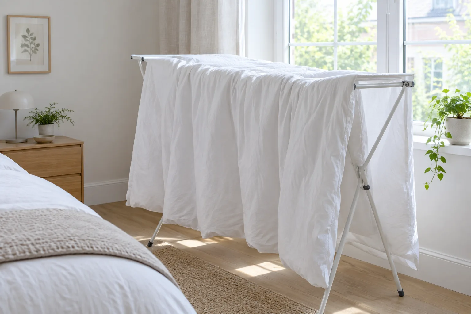 Une housse de couette propre étendue sur un séchoir près d’une fenêtre.
