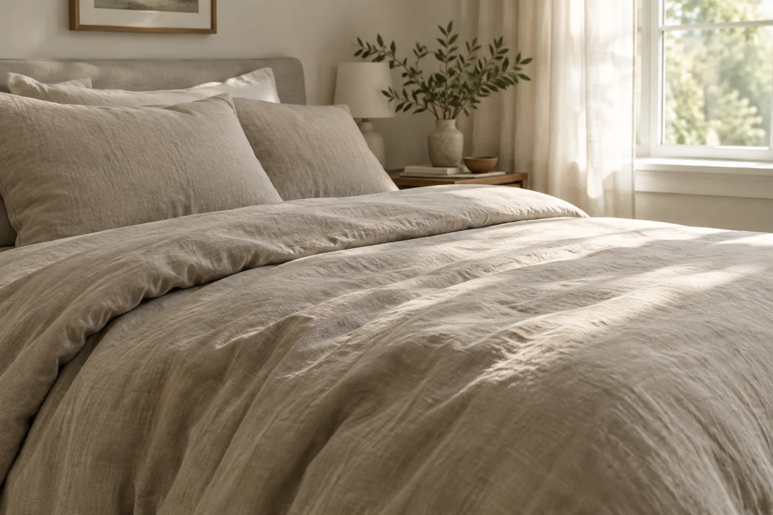 Gros plan sur une housse de couette en coton aux plis souples dans une chambre lumineuse.