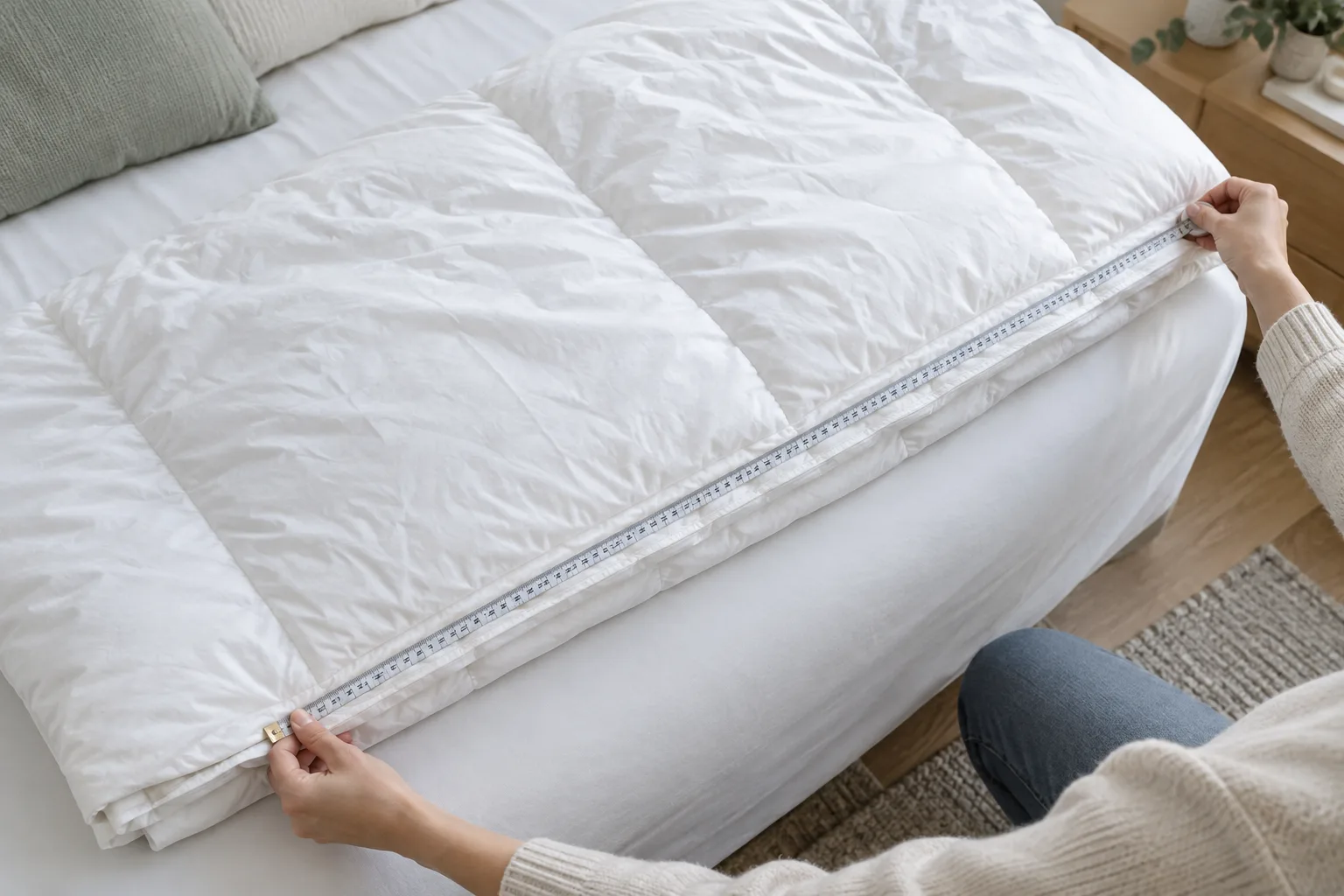 Un mètre ruban posé le long d’une couette étendue pour en relever la longueur.