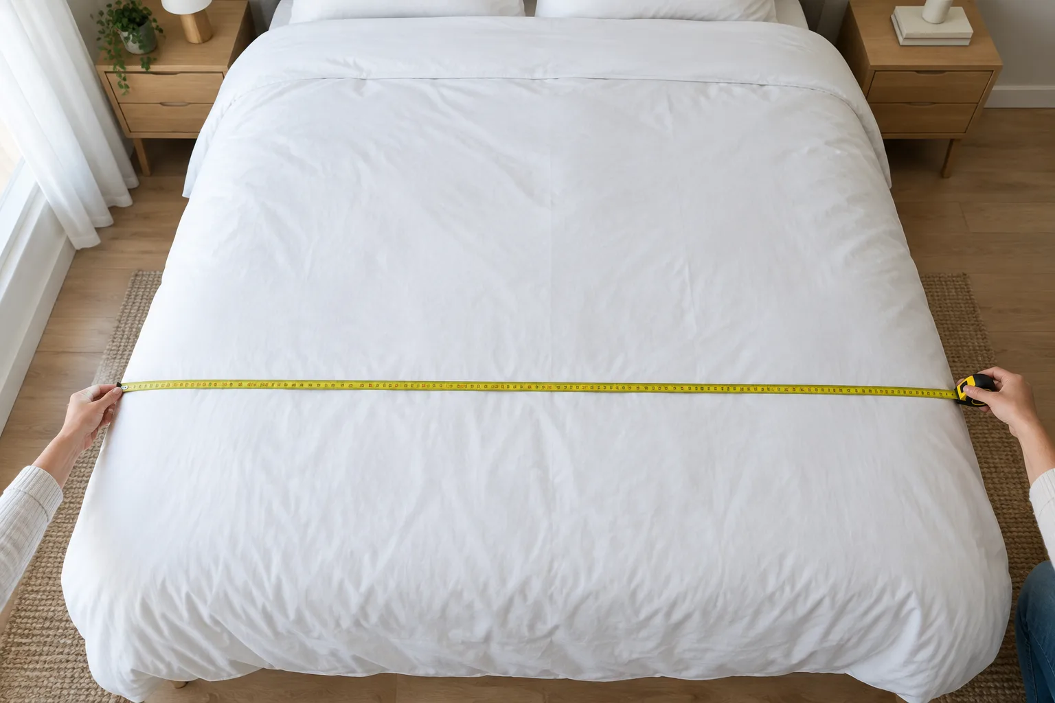 Un mètre ruban posé le long d’une couette étendue à plat sur un lit.