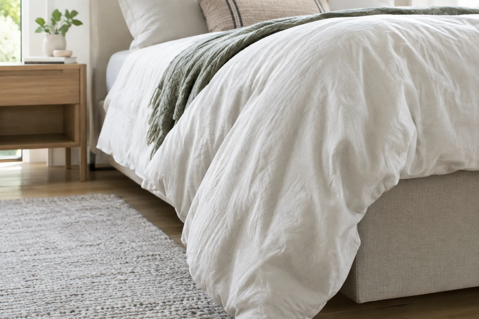 La couette retombe sur le côté du matelas, ce qui permet d’observer la couverture latérale.