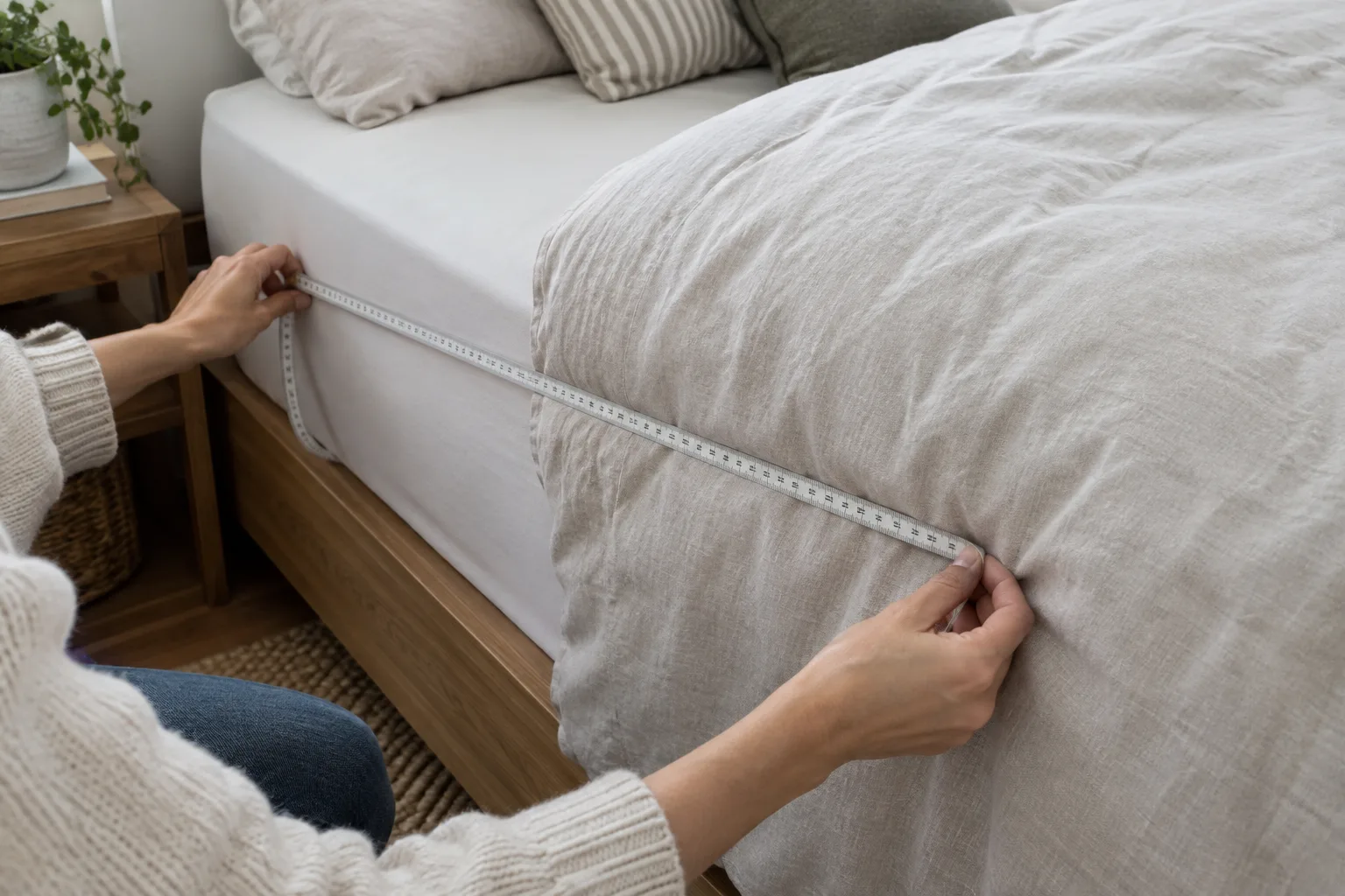Une personne mesure la largeur d’un matelas près de la retombée de la couette.