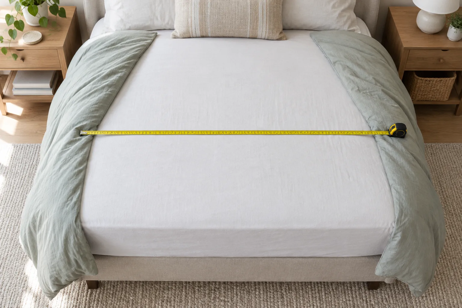 Un mètre ruban posé sur un matelas permet de comparer sa largeur au tombé de la couette.