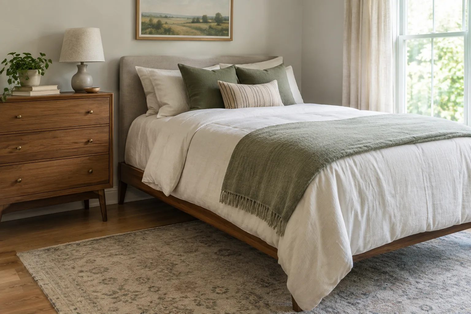 Un lit de chambre d’appoint avec une couette dont la retombée reste dégagée près du mobilier.