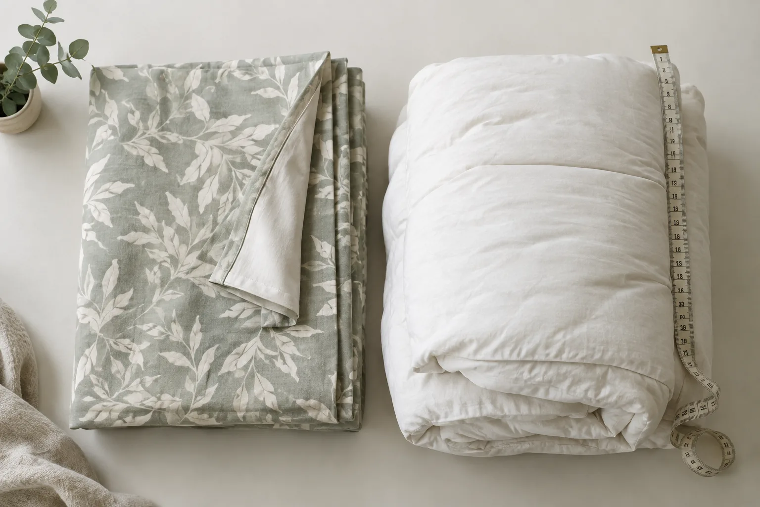 Une couette pliée et une housse accompagnées d’un mètre ruban pour comparer leurs dimensions.