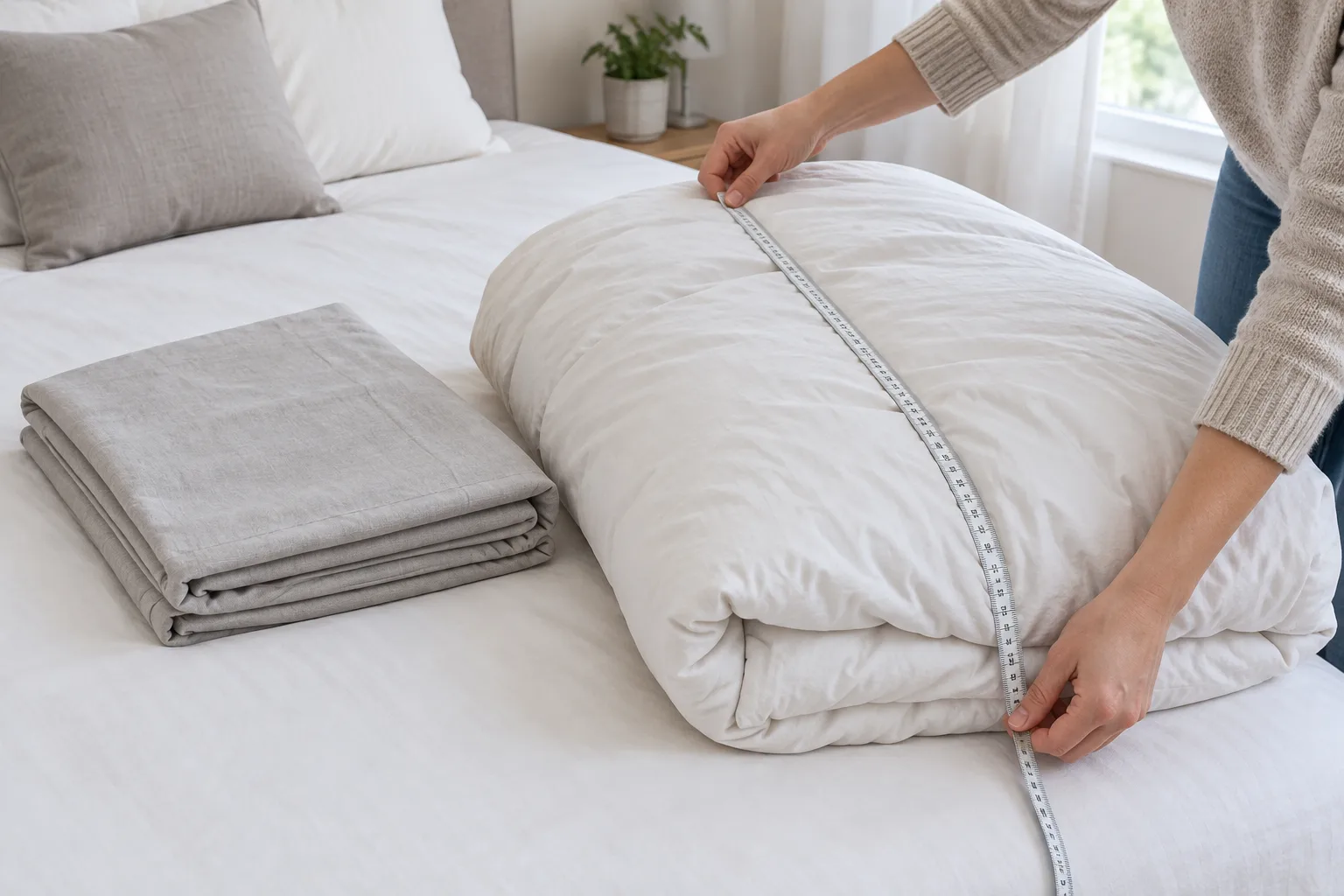 Des mains mesurent la largeur d’une couette posée à plat à côté d’une housse pliée.