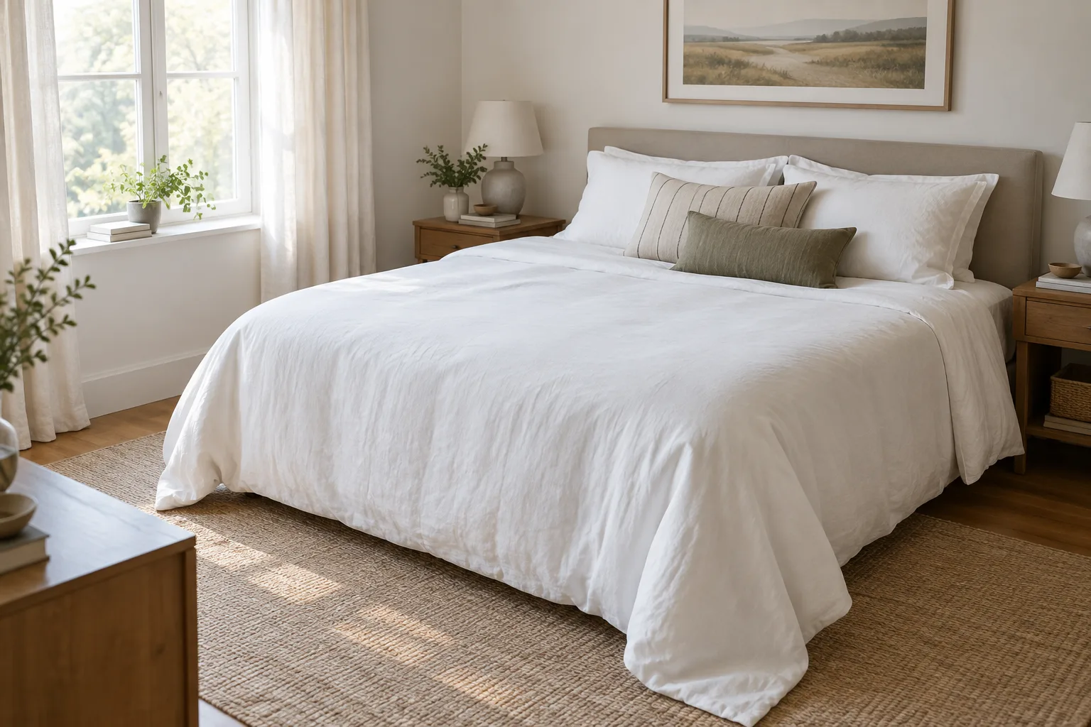 Un lit double soigneusement fait, avec une couette qui retombe sur les côtés du matelas.