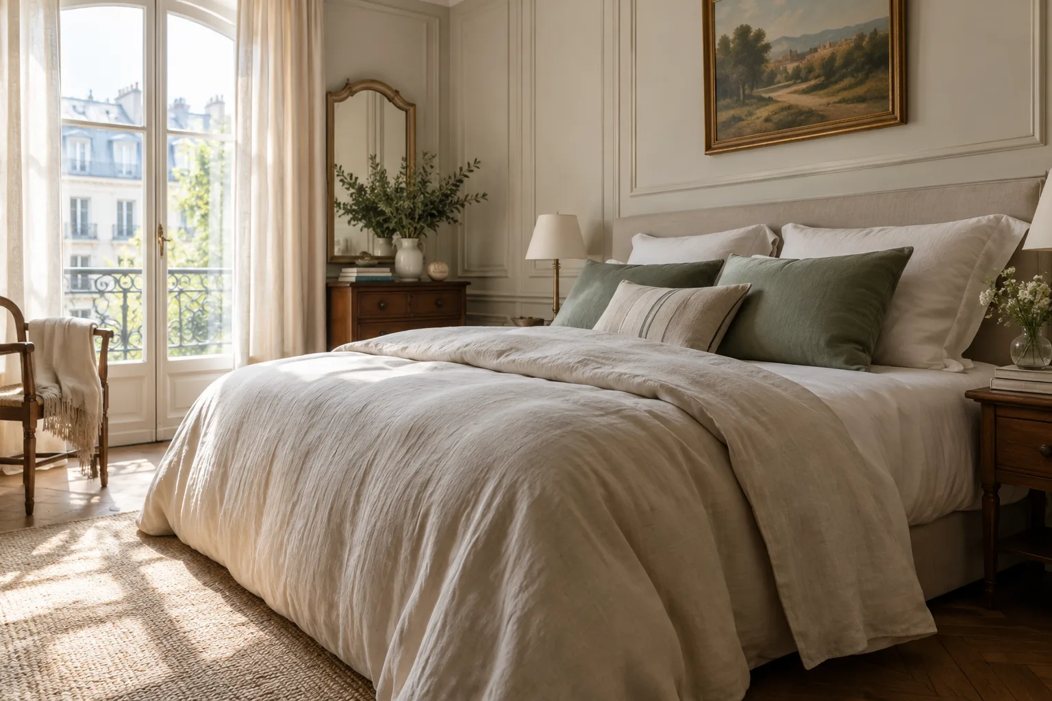 Un lit double habillé d’une housse de couette claire dont le tissu retombe sur les côtés.