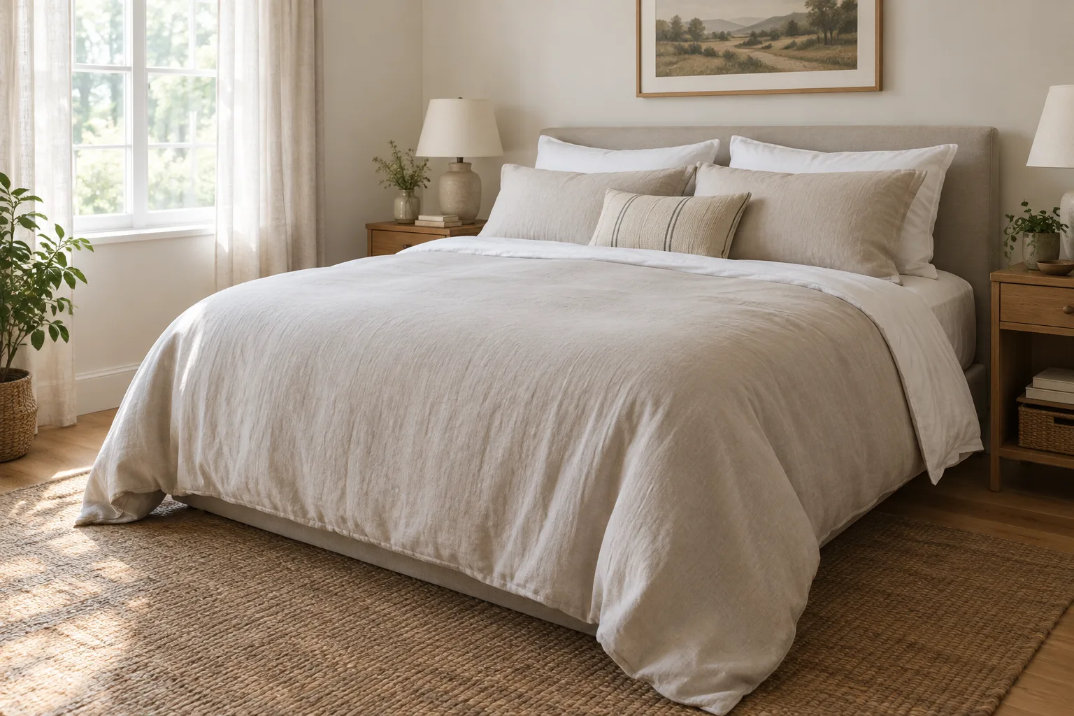 Lit double avec une housse de couette dont la retombée couvre les côtés du matelas.
